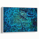 Framed canvas wall art featuring a vibrant marine life and coral design, showcasing intricate details in shades of blue and orange, perfect for coastal decor.