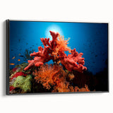 Framed canvas wall art showcasing a vibrant marine life coral design in rich blues and greens, displayed from a black side view, perfect for ocean-themed decor.