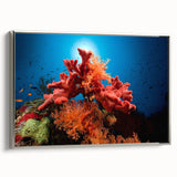 Framed canvas wall art showcasing a vibrant marine life coral design, featuring a silver frame and side view, perfect for coastal or ocean-themed decor.
