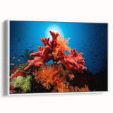 Framed canvas wall art showcasing a vibrant marine life coral design, featuring intricate details and bright colors, perfect for enhancing coastal-themed decor.