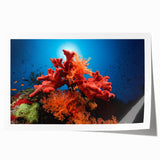 Vibrant coral reef wall art print showcasing intricate marine life details, perfect for ocean-themed decor, rolled and ready for framing.