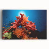 Vibrant coral reef wall art on stretched canvas, showcasing intricate marine life designs in vivid colors, ideal for ocean-themed decor and nature lovers.