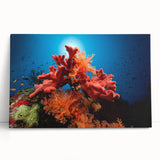 Vibrant coral reef wall art on stretched canvas, showcasing intricate marine life designs in bright colors, perfect for coastal home decor.