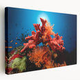 Stretched canvas wall art showcasing a vibrant marine life coral design, featuring colorful corals and fish, perfect for ocean-themed decor in homes or offices.