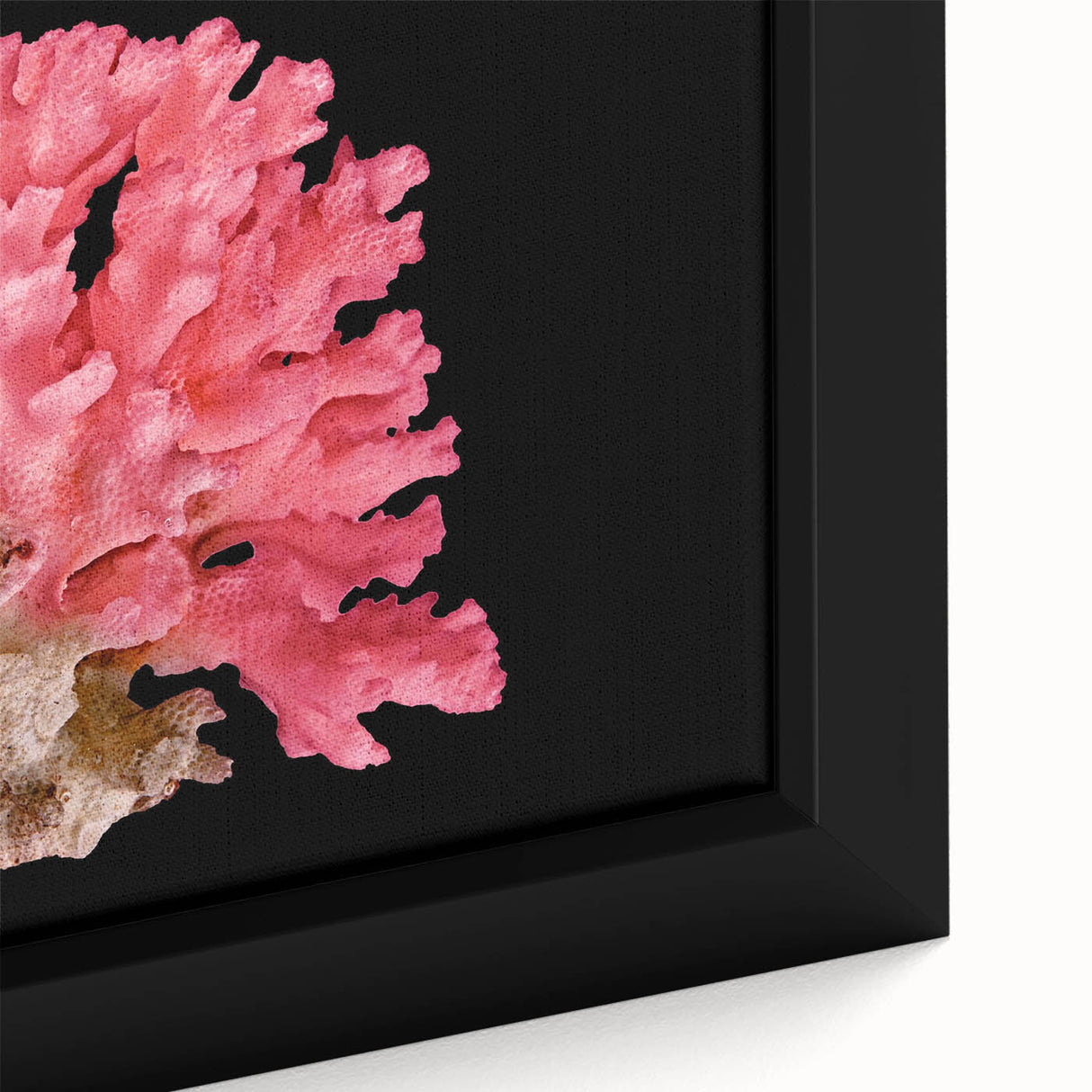 Close-up of a framed canvas wall art piece showcasing vibrant coral reef marine life design, featuring intricate details and colorful elements, perfect for ocean-themed decor.