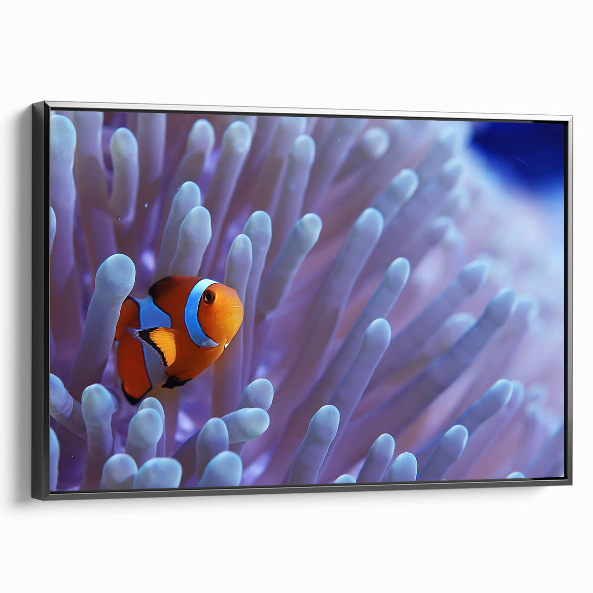 Framed canvas wall art showcasing a vibrant marine life coral design, featuring intricate details in blue and orange tones, ideal for ocean-themed decor.