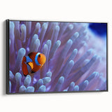 Framed canvas wall art showcasing a vibrant marine life coral design, featuring intricate details in blue and orange tones, ideal for ocean-themed decor.