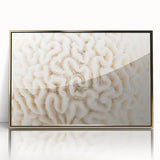 Framed acrylic wall art showcasing a vibrant marine life and coral design, featuring gold accents and a modern aesthetic, perfect for ocean-themed decor.