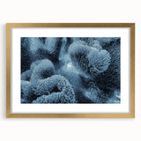 Framed wall art featuring a vibrant marine life coral design in shades of blue and orange, set in a gold frame with a mat, ideal for ocean-themed decor.