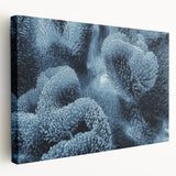 Stretched canvas wall art showcasing a vibrant marine life coral design, featuring intricate details in blues and oranges, ideal for ocean-themed decor.