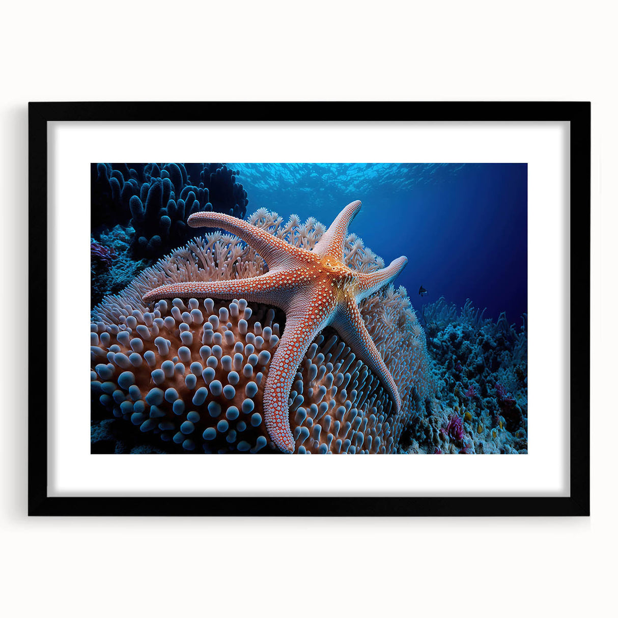 Framed wall art collection showcasing vibrant marine life and coral designs in a sleek black frame, enhancing ocean-themed decor for any space.