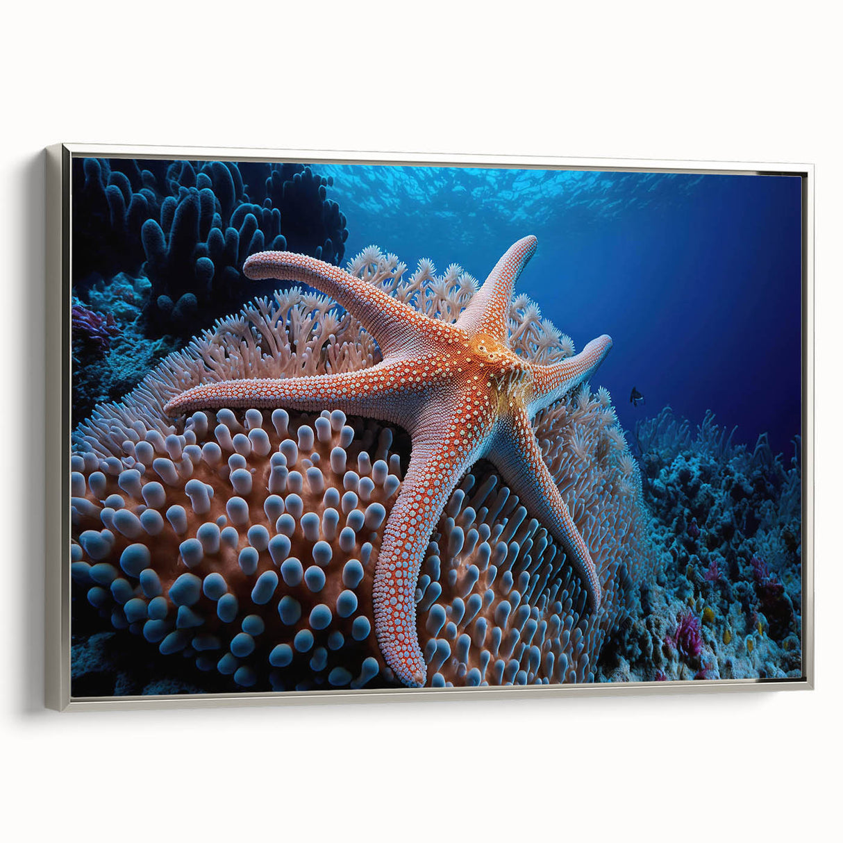 Framed wall art collection showcasing a vibrant marine life and coral design, featuring a sleek silver frame and side view for modern decor. Perfect for ocean-themed interiors.