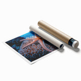 Vibrant marine life wall art print showcasing colorful coral designs, perfect for ocean-themed decor. Rolled and ready for framing, it adds a lively touch to any space.