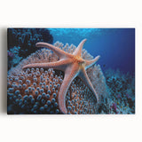 Stretched canvas wall art showcasing vibrant marine life coral designs in rich blues and greens, adding a lively touch to ocean-themed decor.