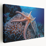 Side view of a vibrant coral reef wall art collection on stretched canvas, showcasing intricate marine life designs in bright colors, perfect for coastal decor.