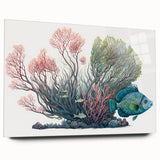 Colorful marine life coral design wall art collection displayed in acrylic glass, showcasing vibrant ocean hues and intricate details, perfect for coastal decor.
