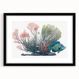 Framed wall art featuring a vibrant marine life coral design in a black frame, enhancing ocean-themed home decor. Ideal for creating a tranquil atmosphere.