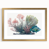 Coral-themed wall art collection framed in gold, showcasing vibrant marine life designs with intricate details, perfect for enhancing coastal decor.
