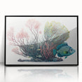 Framed wall art collection showcasing vibrant marine life and coral designs, featuring a sleek black frame and acrylic finish, perfect for coastal-themed decor.