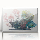 Framed acrylic wall art showcasing a vibrant marine life coral design, featuring intricate textures and a white frame, perfect for ocean-themed decor.