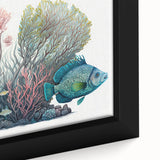 Close-up of a framed canvas art piece showcasing vibrant coral reef marine life design, featuring intricate details and vivid colors, perfect for coastal decor.