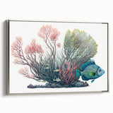 Framed canvas wall art showcasing a vibrant marine life coral design in a silver frame, ideal for enhancing coastal-themed decor with its intricate details and colors.