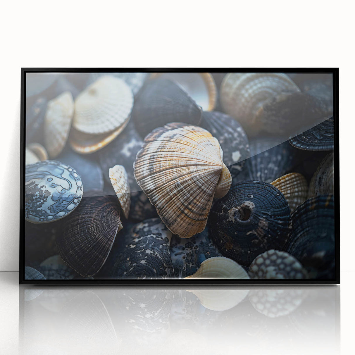 Framed wall art showcasing vibrant marine life and coral design in a sleek black frame, ideal for ocean-themed decor. Perfect for enhancing any living space.