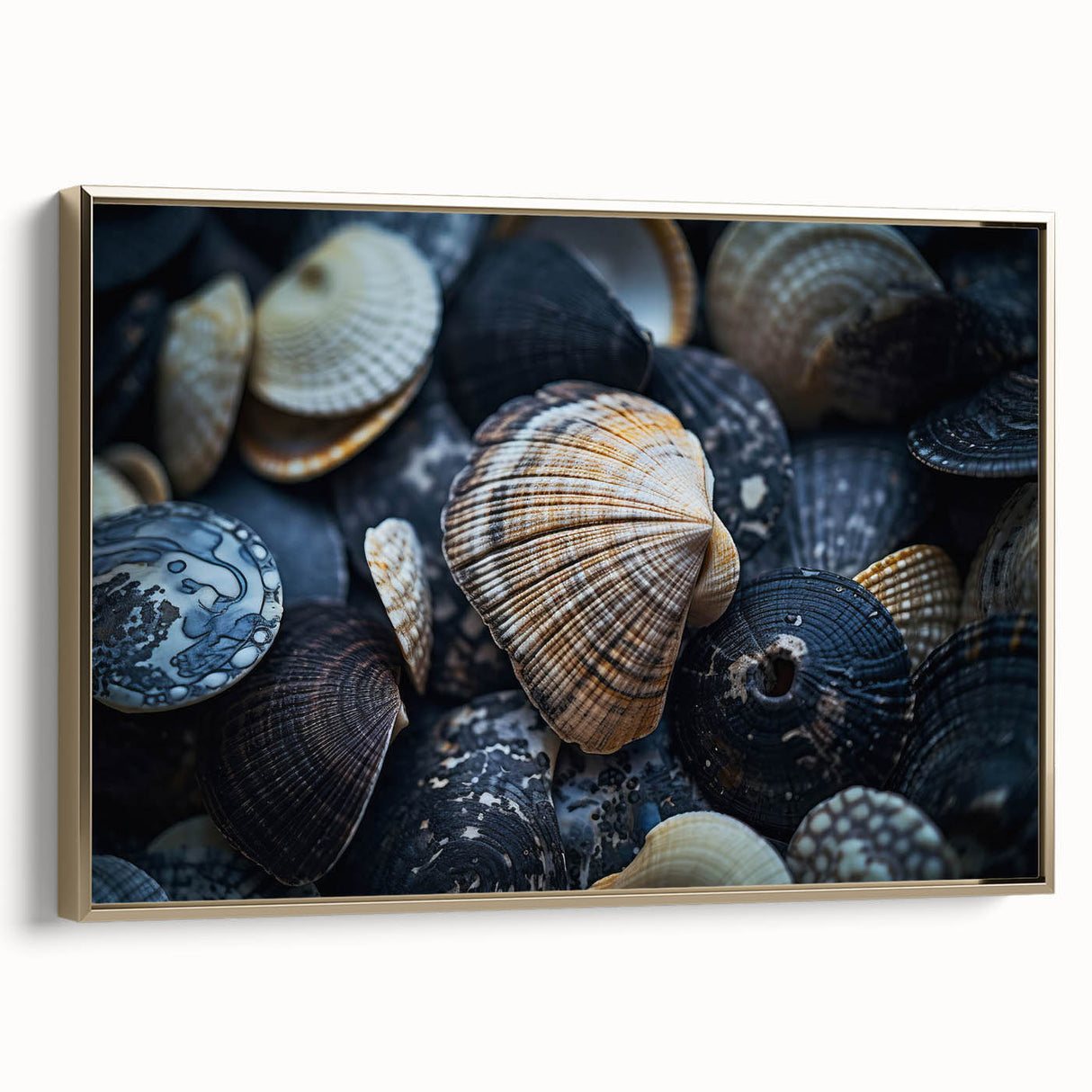 Framed canvas wall art showcasing a vibrant marine life coral design with gold accents, perfect for adding a touch of elegance to any ocean-themed decor.