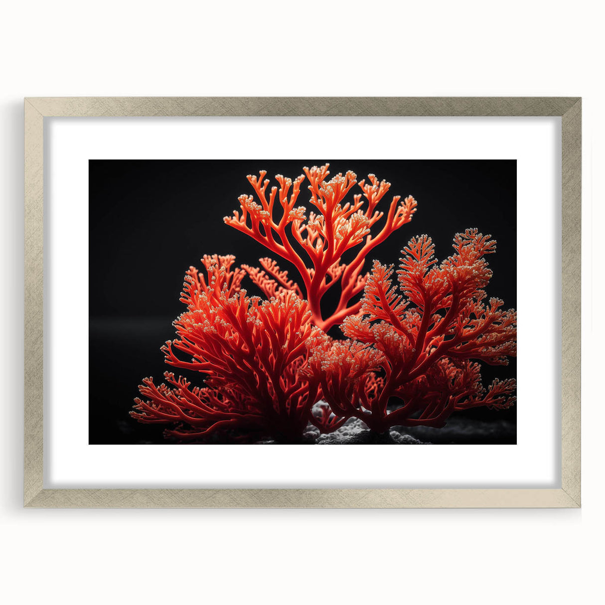 Framed wall art collection depicting vibrant marine life and coral designs, featuring a sleek silver frame with matting, perfect for ocean-themed decor.