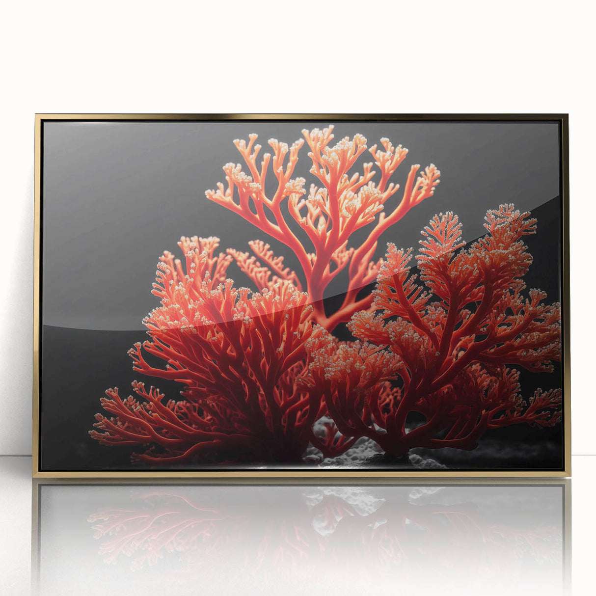 Framed acrylic wall art featuring a vibrant marine life coral design, set in a gold frame, ideal for coastal decor and ocean-themed interiors.