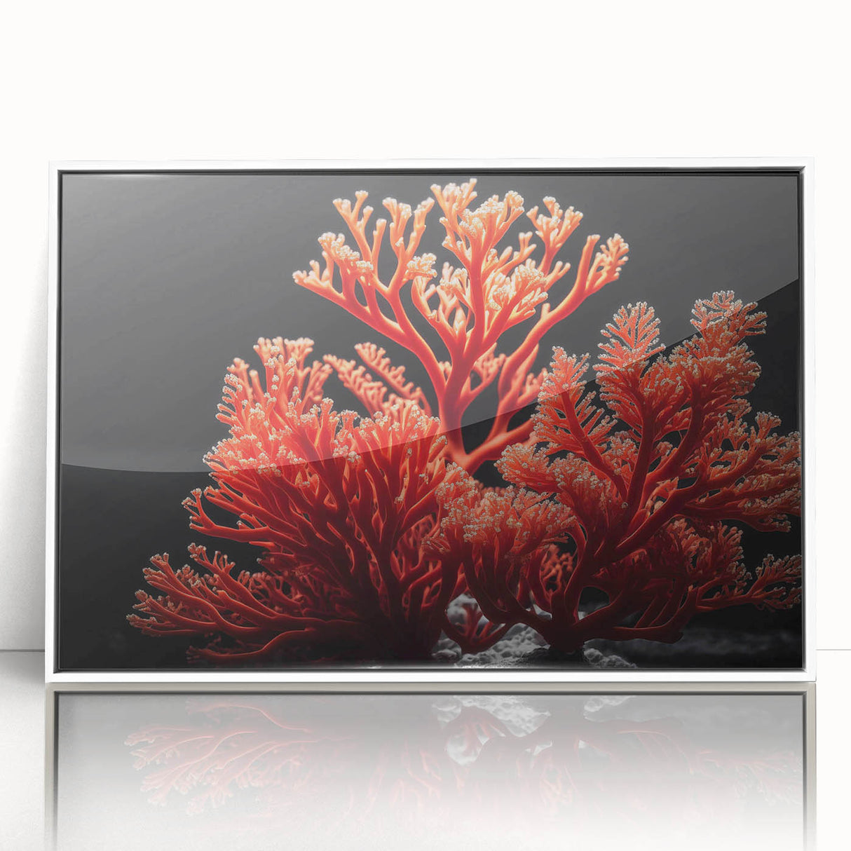 Framed wall art featuring a vibrant marine life coral design, showcasing intricate details in blue and orange hues, perfect for ocean-themed decor.