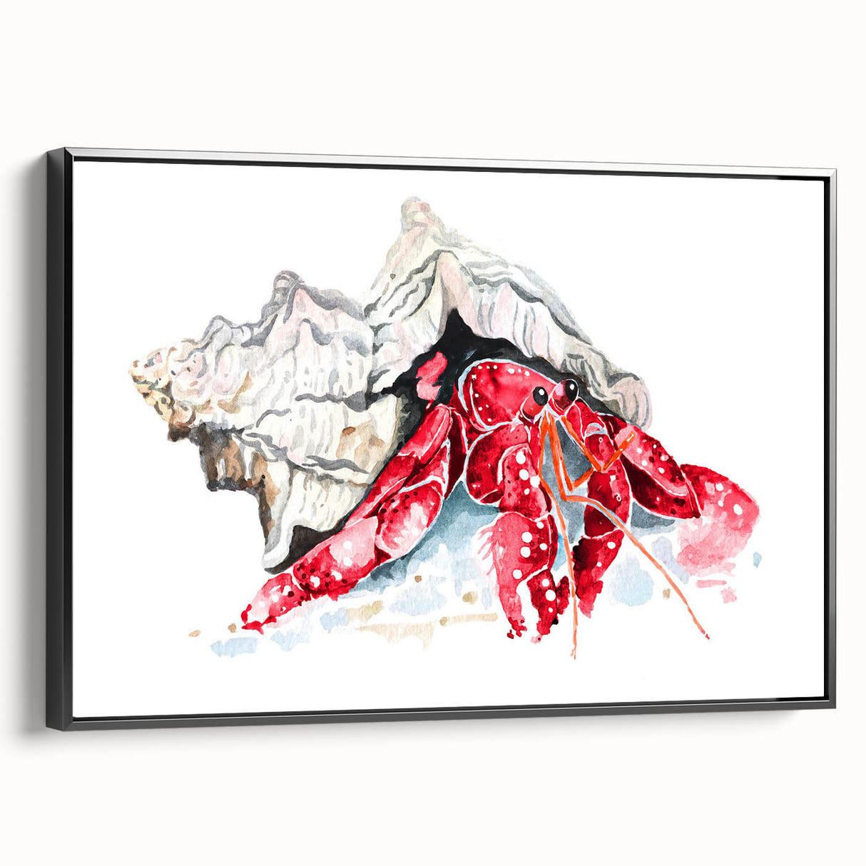 Framed wall art showcasing a vibrant marine life crab design on a textured canvas, featuring a sleek black frame, ideal for ocean-themed decor.
