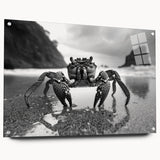 Acrylic wall art design showcasing a vibrant marine life crab, featuring a side view with detailed textures and colors, mounted with pins for display.