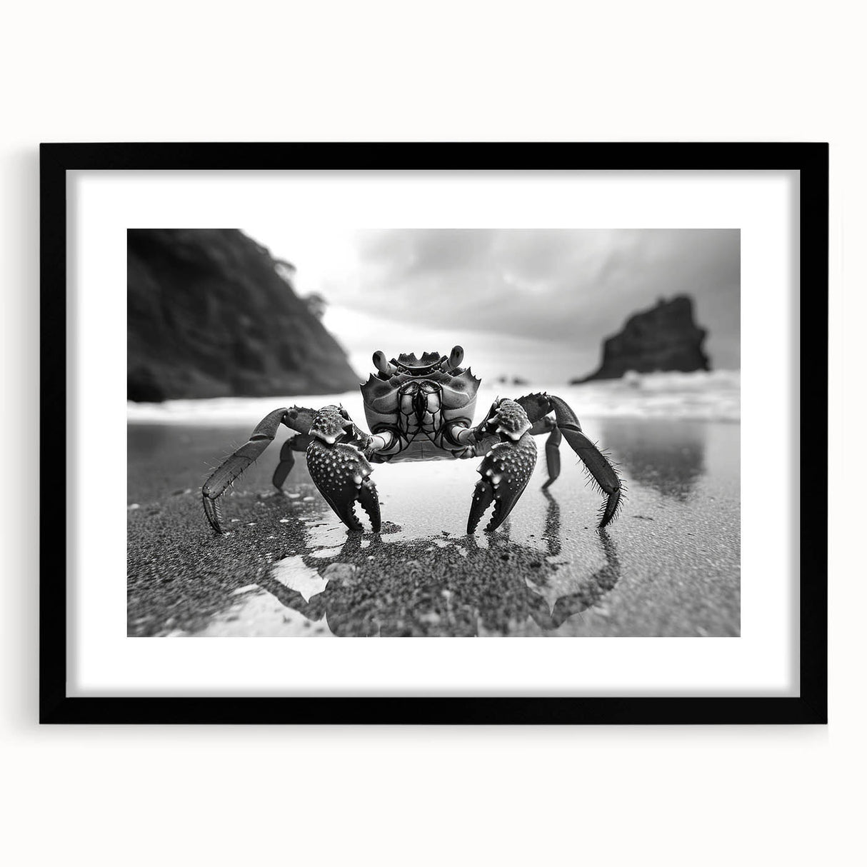 Black-framed wall art featuring a detailed marine life crab design, elegantly matted to enhance its vibrant colors and intricate features, perfect for ocean-themed decor.