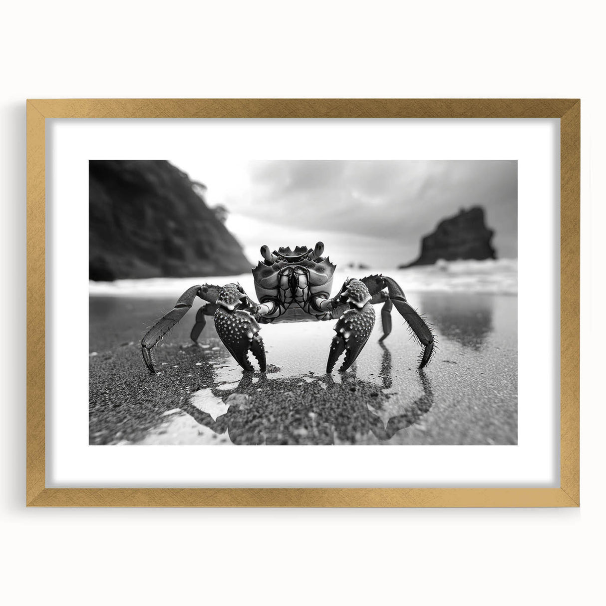 Gold-framed wall art featuring a detailed crab design, showcasing vibrant marine life elements against a neutral background, perfect for coastal-themed decor.