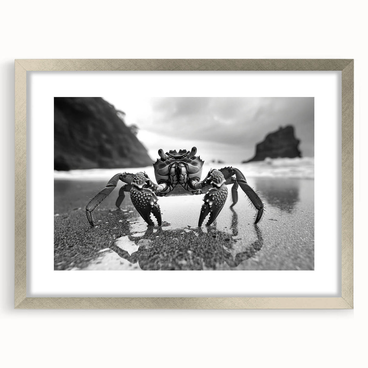 Framed wall art showcasing a detailed crab design, set in a silver frame with a mat, ideal for marine life enthusiasts and coastal decor lovers. This vibrant piece adds a touch of nature-inspired elegance to any room.