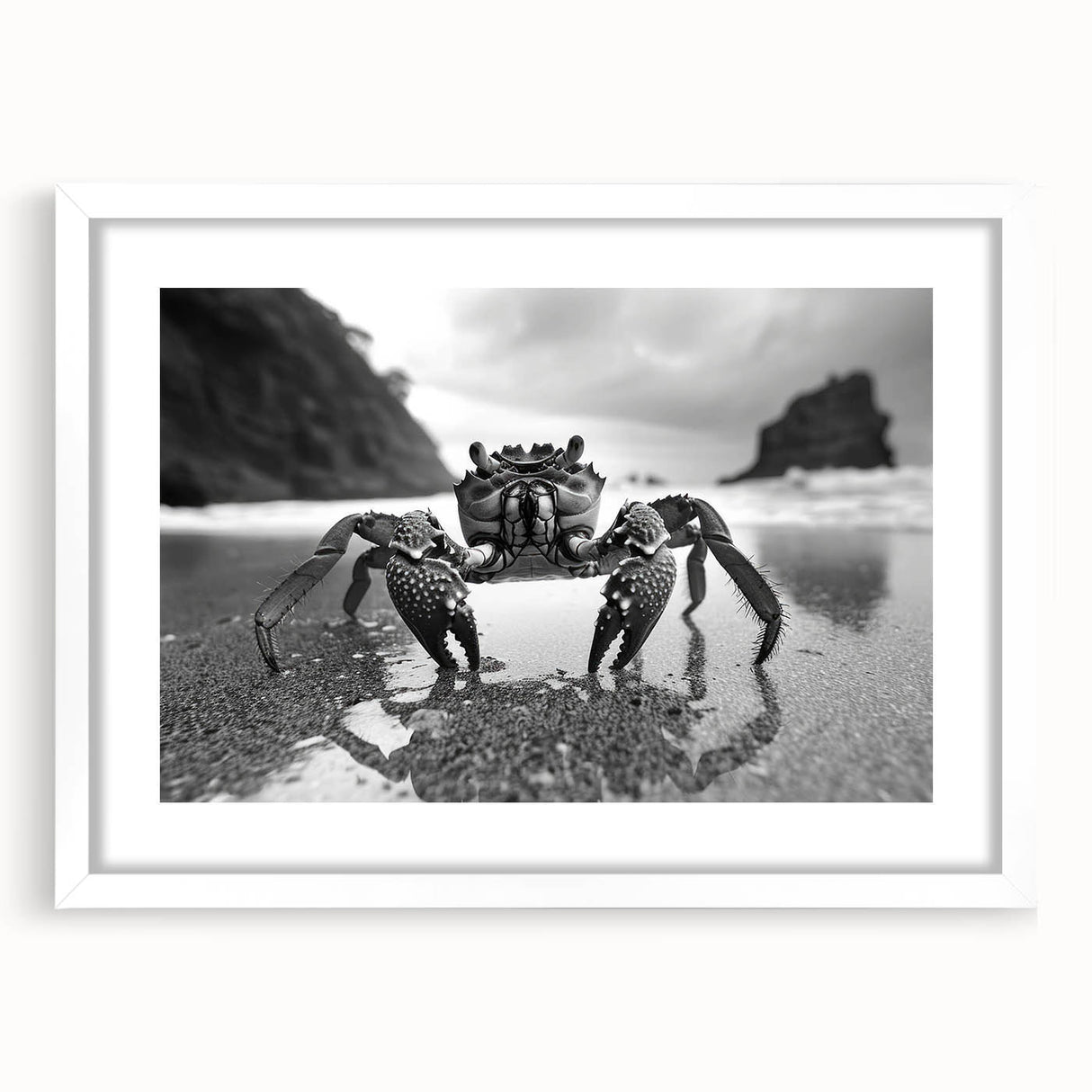 Framed wall art featuring a detailed crab design from a marine life collection, set in a white mat, ideal for ocean-themed decor and coastal aesthetics.