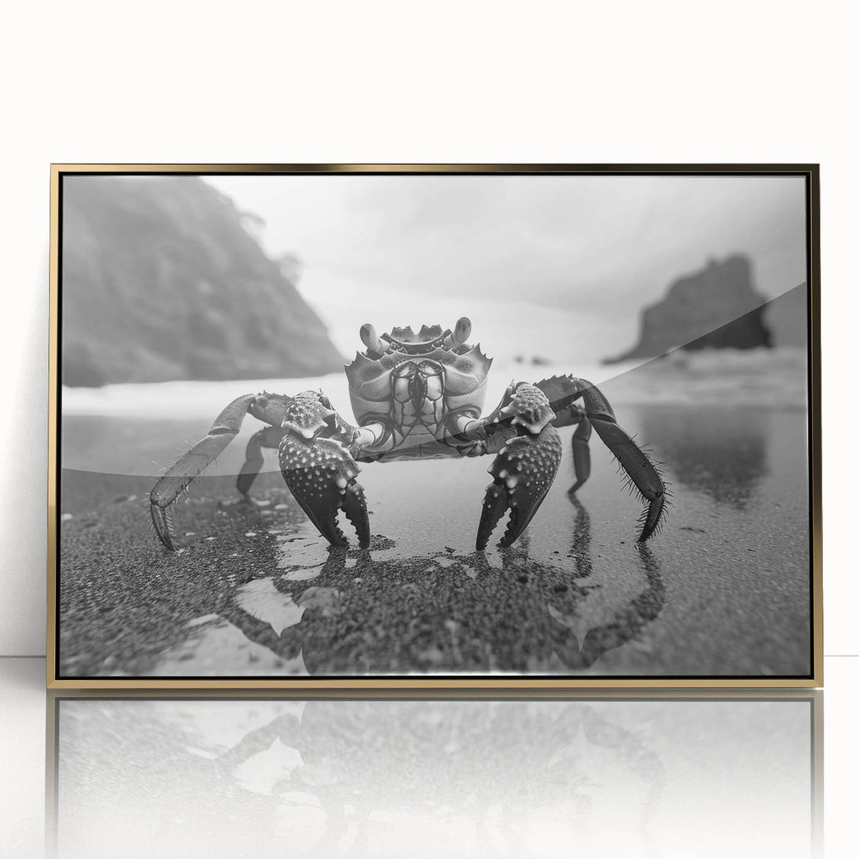Framed wall art featuring a vibrant marine life crab design with gold accents, showcasing intricate details and textures, perfect for coastal-themed decor.