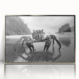 Framed wall art featuring a detailed crab design in vibrant colors, showcasing marine life. The artwork is presented with an elegant silver frame, perfect for coastal-themed decor.
