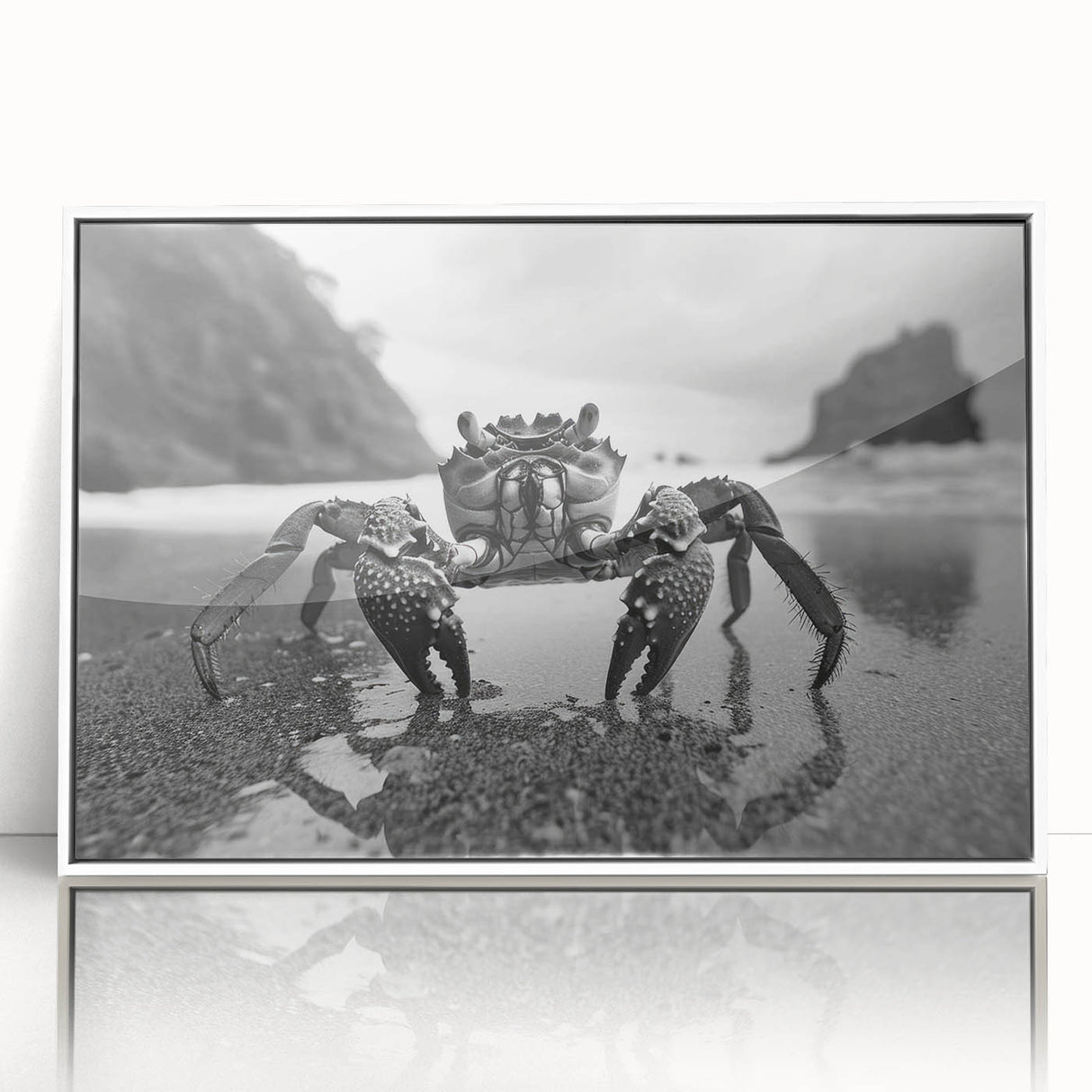 Framed acrylic wall art showcasing a vibrant marine life crab design, featuring a white border and contemporary style, perfect for ocean-themed decor.