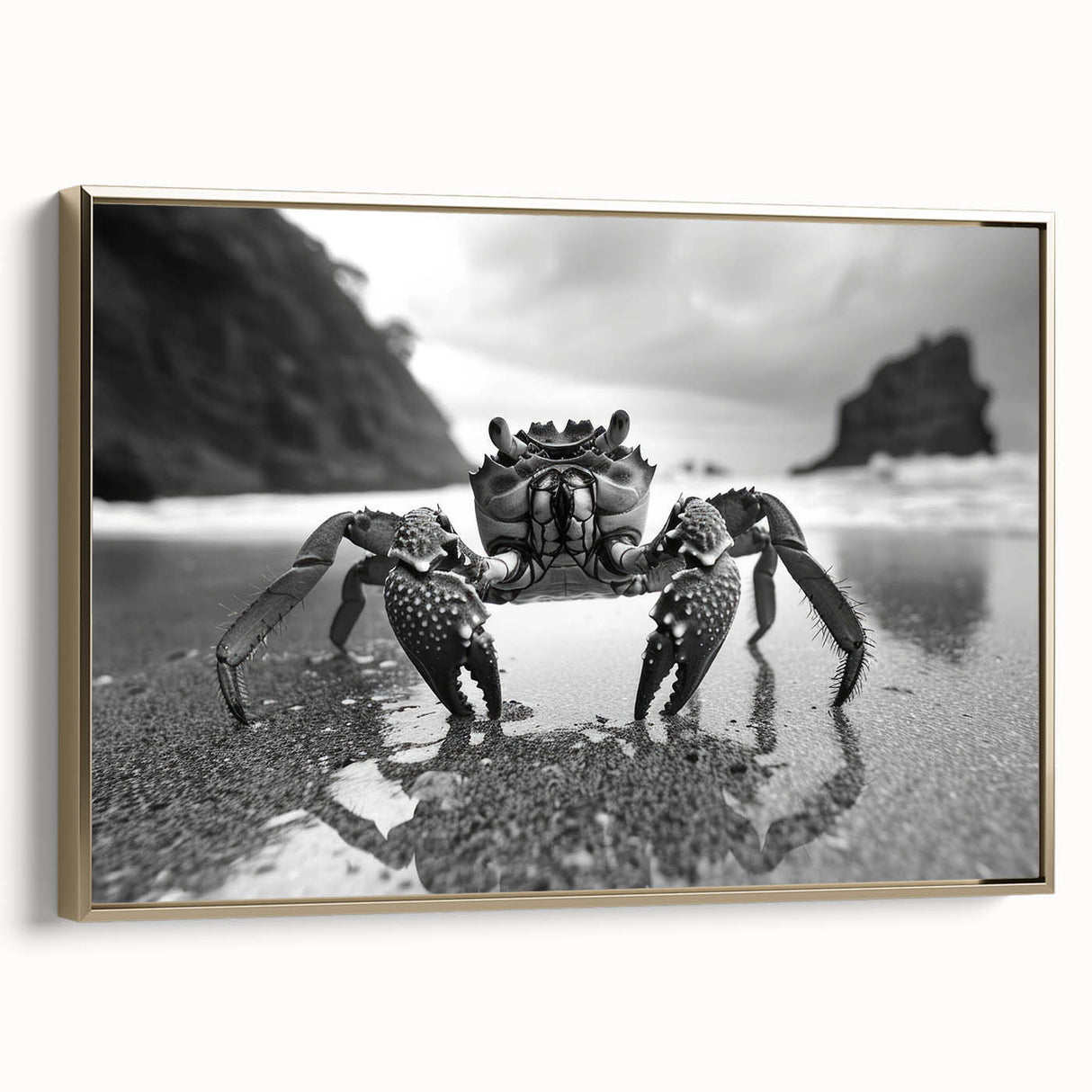 Framed canvas wall art featuring a detailed gold crab design against a soft background, showcasing marine life aesthetics and elegant home decor style.