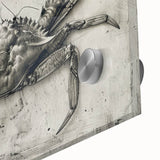 Vibrant close-up of a marine life-themed crab wall art design, showcasing intricate details and bold colors on acrylic glass, ideal for ocean-inspired decor.
