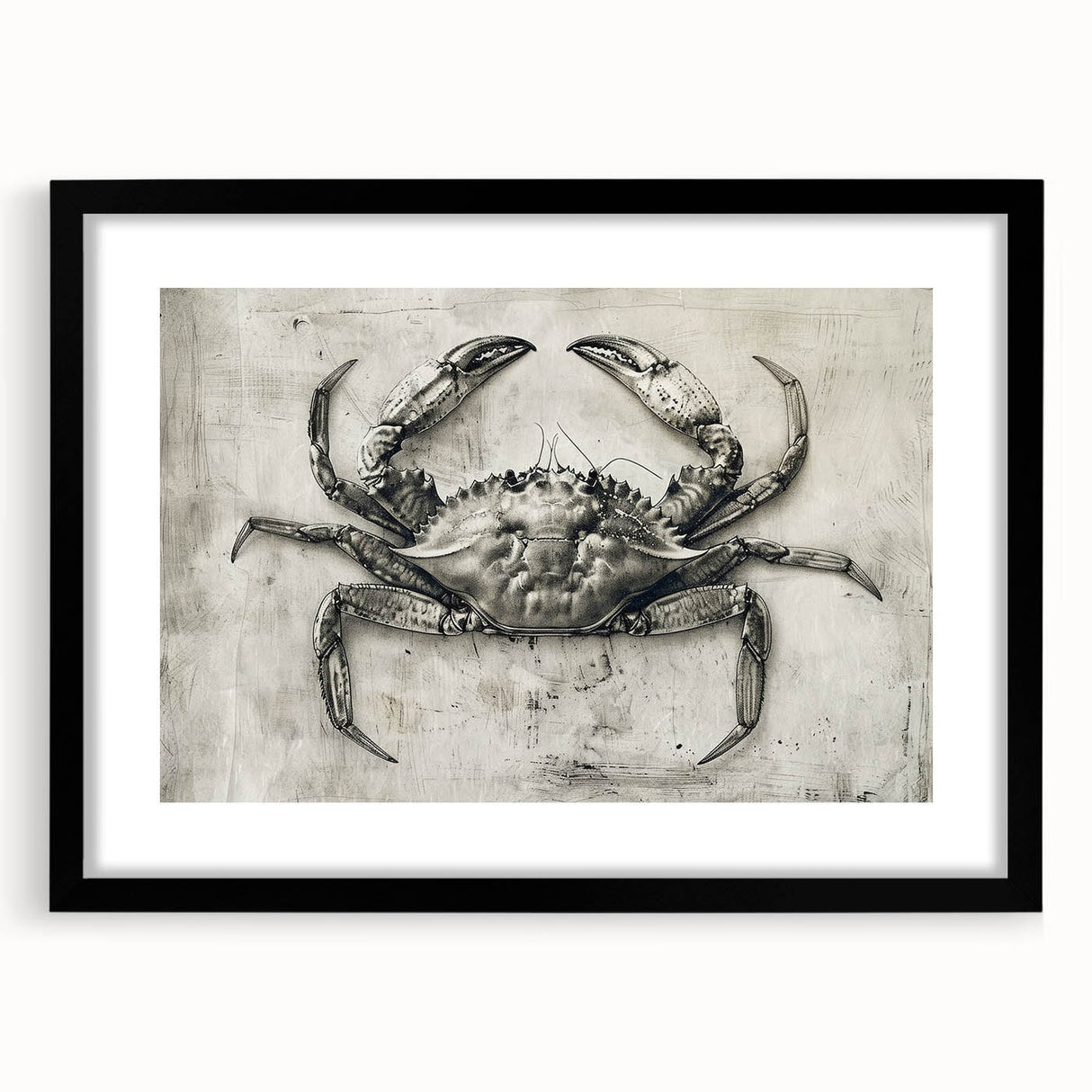 Framed wall art featuring a detailed marine life crab design, showcasing vibrant colors with a black matte frame, perfect for coastal-themed decor.