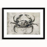 Framed wall art featuring a detailed marine life crab design, showcasing vibrant colors with a black matte frame, perfect for coastal-themed decor.
