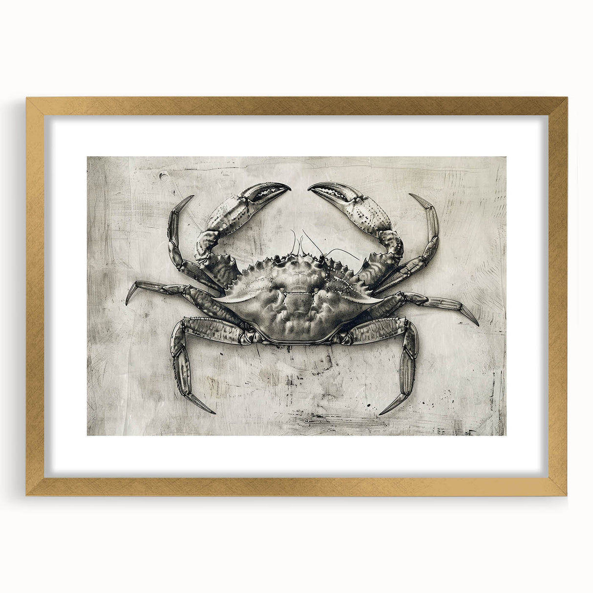 Framed wall art featuring a detailed crab design in vibrant colors, elegantly presented with a gold border and matting, perfect for marine-themed decor.