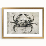 Framed wall art featuring a detailed crab design in vibrant colors, elegantly presented with a gold border and matting, perfect for marine-themed decor.