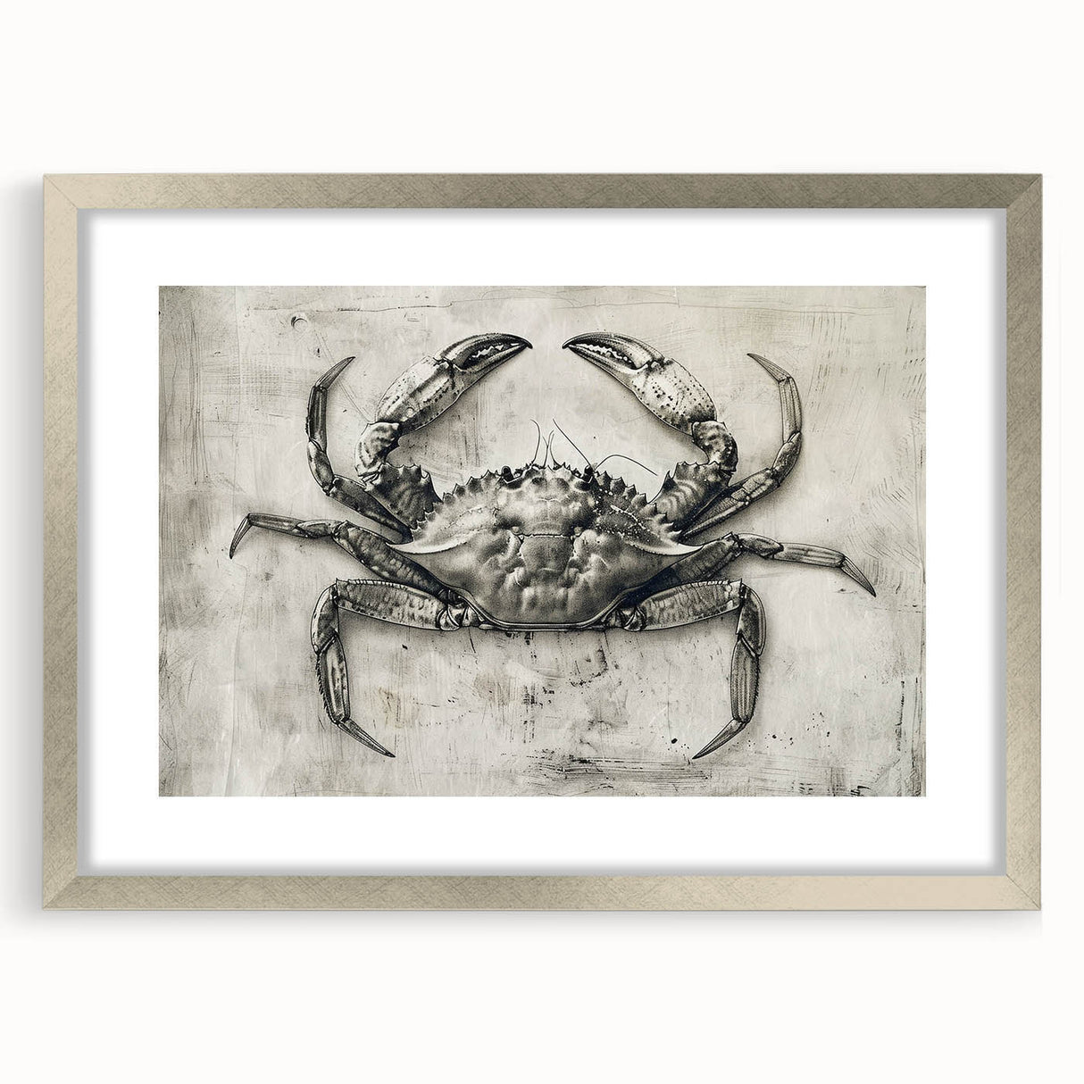 Framed wall art featuring a detailed marine life design of a crab, elegantly displayed with a silver frame and mat, ideal for coastal-themed decor.