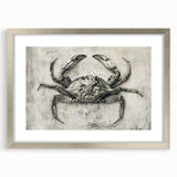 Framed wall art featuring a detailed marine life design of a crab, elegantly displayed with a silver frame and mat, ideal for coastal-themed decor.