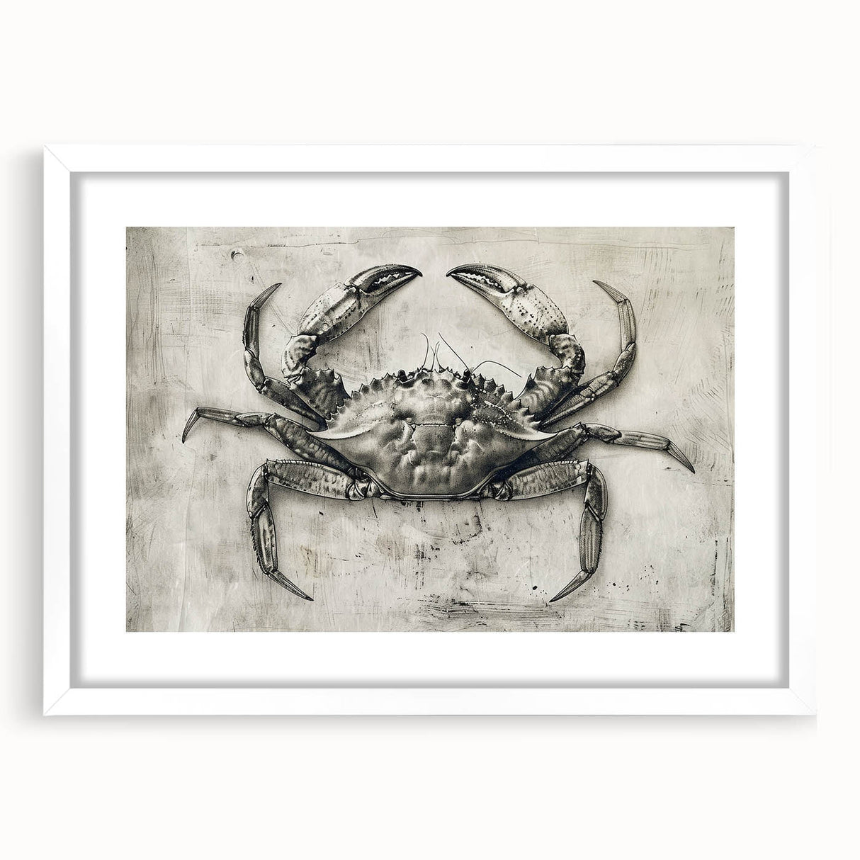 Framed marine life wall art featuring a vibrant crab design against a white background, showcasing intricate details and colors, perfect for coastal-themed decor.