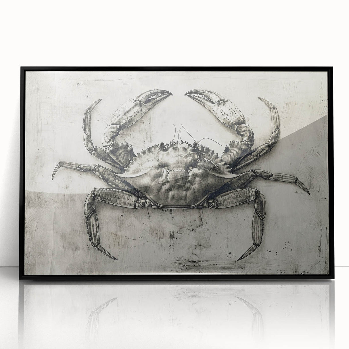 Framed acrylic wall art showcasing a vibrant marine life crab design with a sleek black frame, perfect for ocean-themed home decor. Ideal for enhancing artistic interiors.